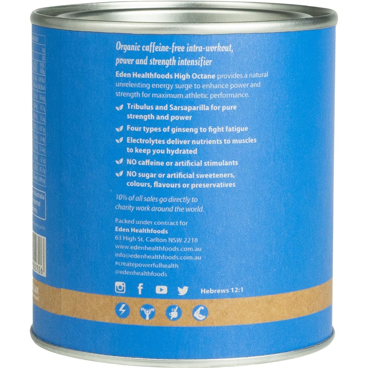 150g tub of Eden Healthfoods High Octane Caffeine-free Power and Energy powder showing ingredients and directions.