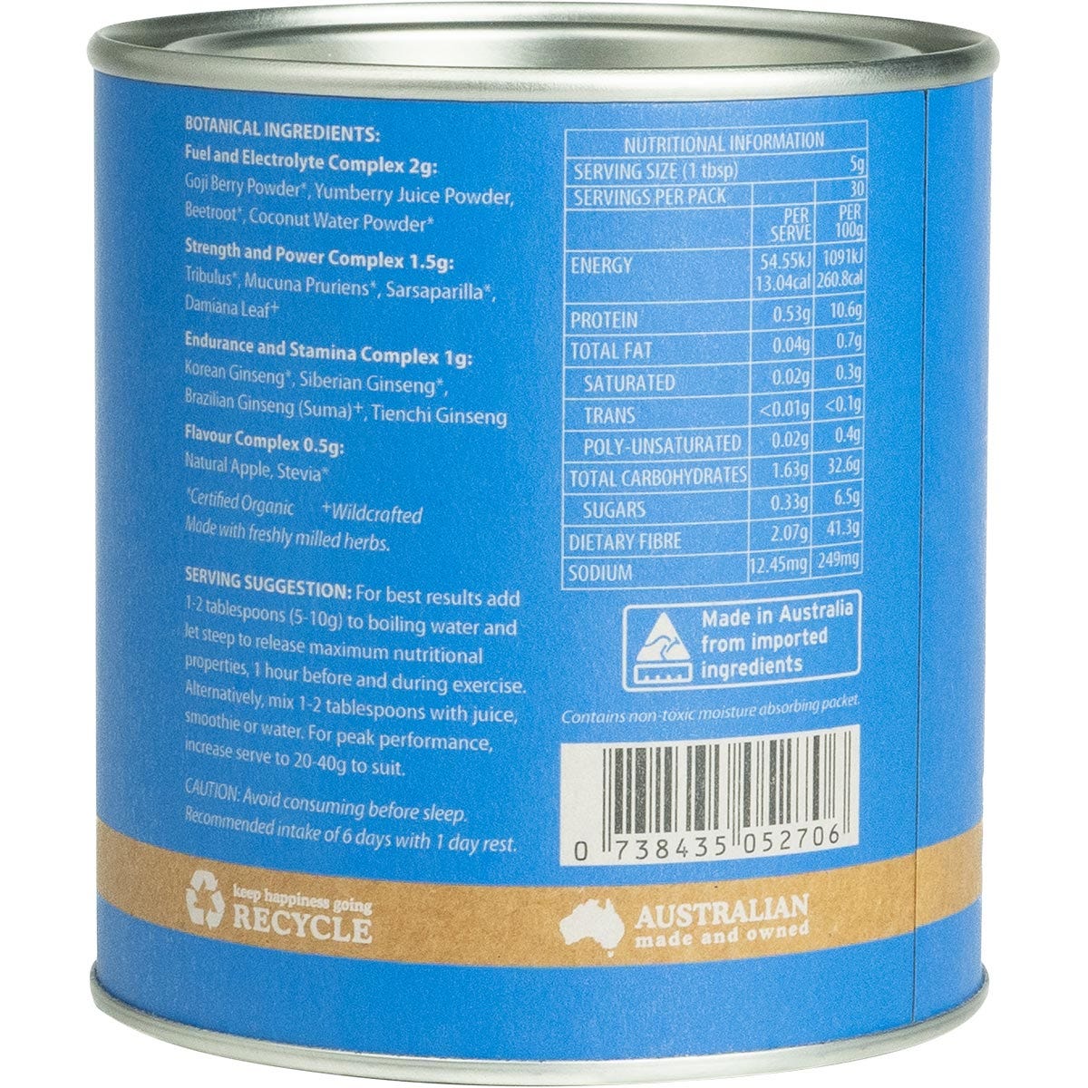 Side view of Eden Healthfoods High Octane 150g tub showing nutritional information and product benefits.