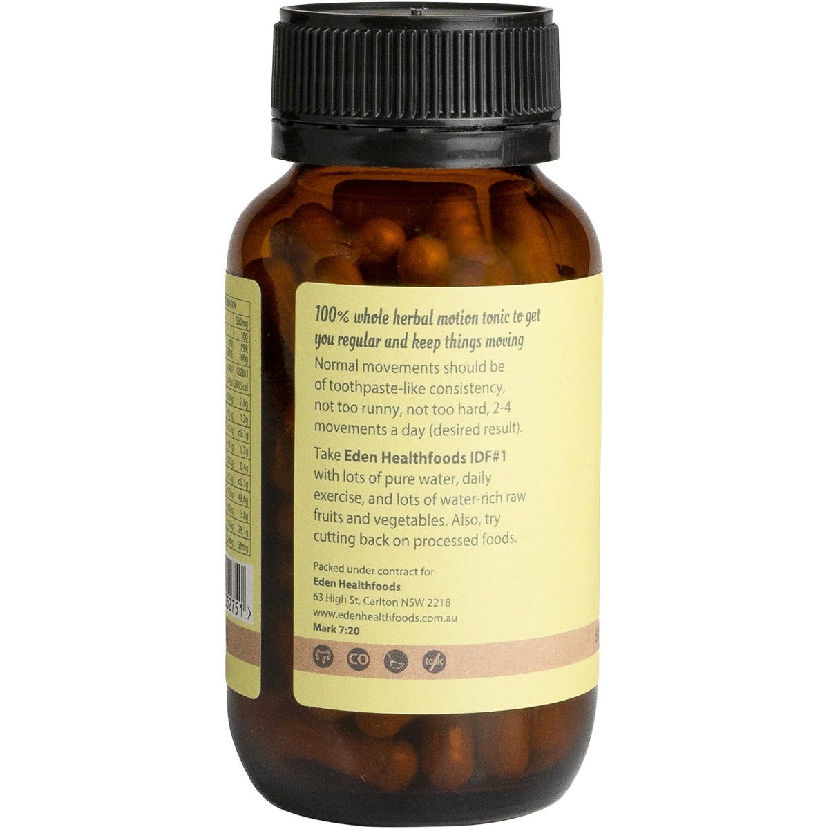Bottle of Eden Healthfoods IDF#1 Gut D-tox Week 1 with 100 vegetable capsules against a white background.