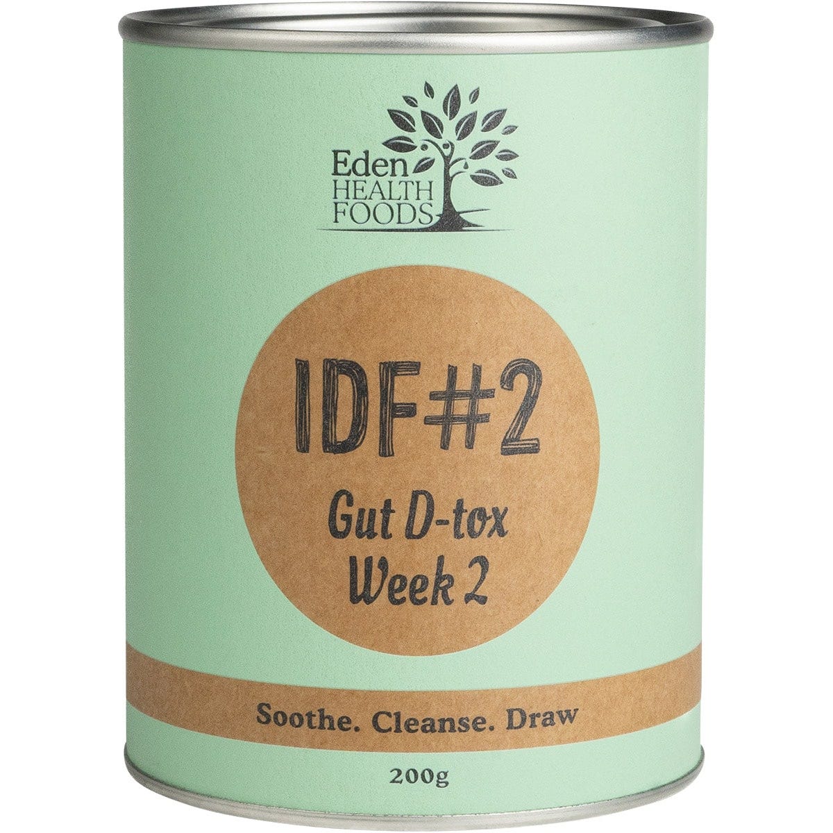 200g tub of Eden Healthfoods IDF#2 Gut D-tox Week 2 featuring a green label with a botanical illustration.