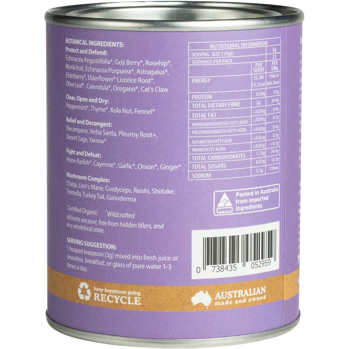 Side view of Eden Healthfoods Immunity Shield 100g tub featuring botanical illustrations and product information.