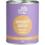 100g tub of Eden Healthfoods Immunity Shield herbal immune formula with botanical illustrations on a white background.