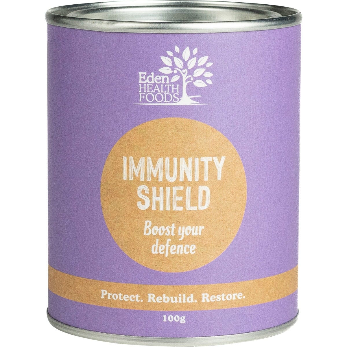 100g tub of Eden Healthfoods Immunity Shield herbal immune formula with botanical illustrations on a white background.