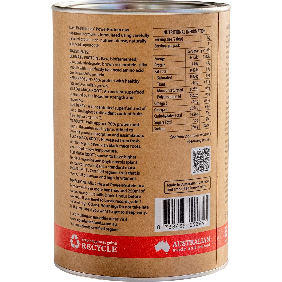 Back of Eden Healthfoods Power Protein 400g tub with nutrition facts, ingredients, and directions.