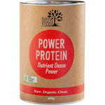 400g tub of Eden Healthfoods Power Protein with a green label featuring maca and goji berries on a white background.