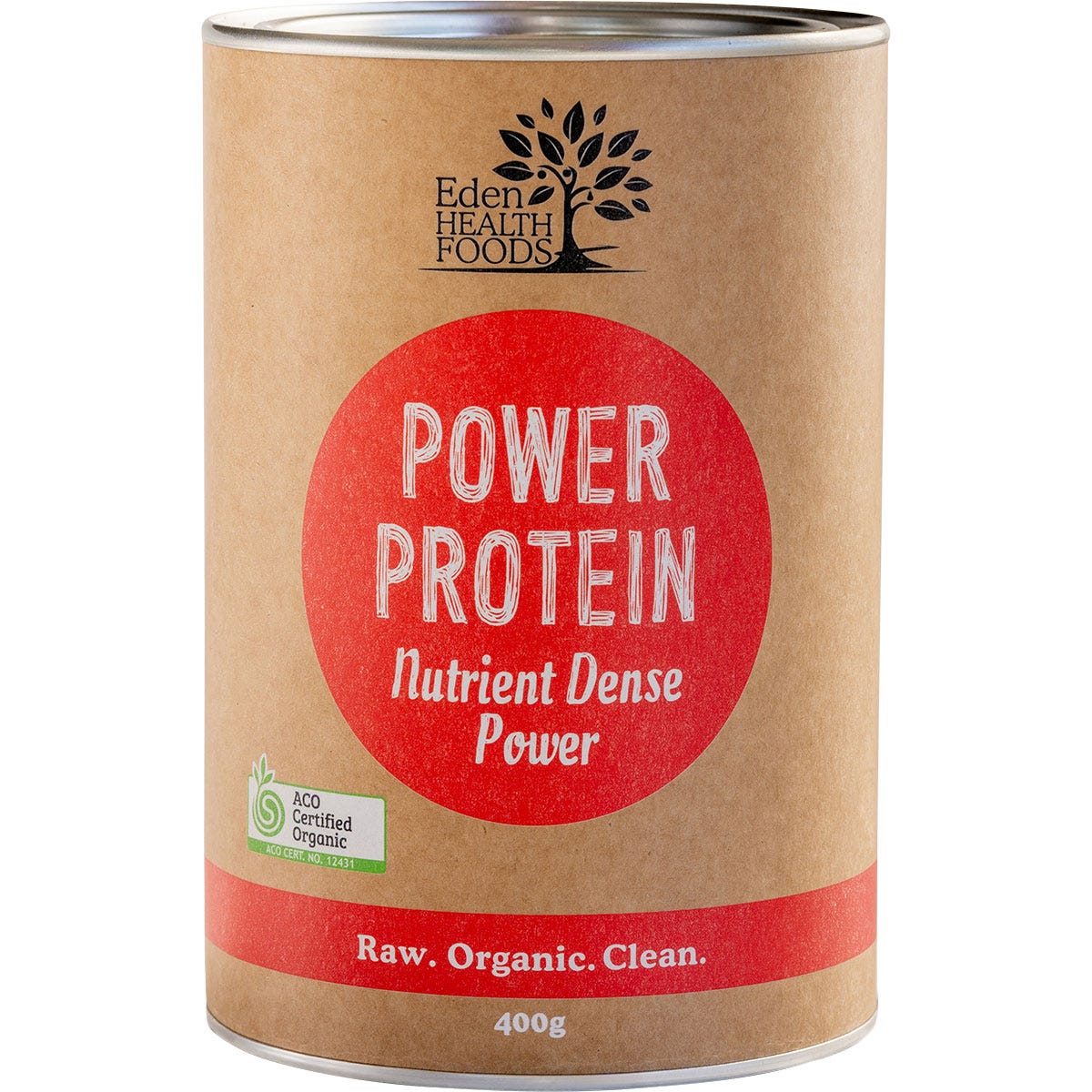 400g tub of Eden Healthfoods Power Protein with a green label featuring maca and goji berries on a white background.