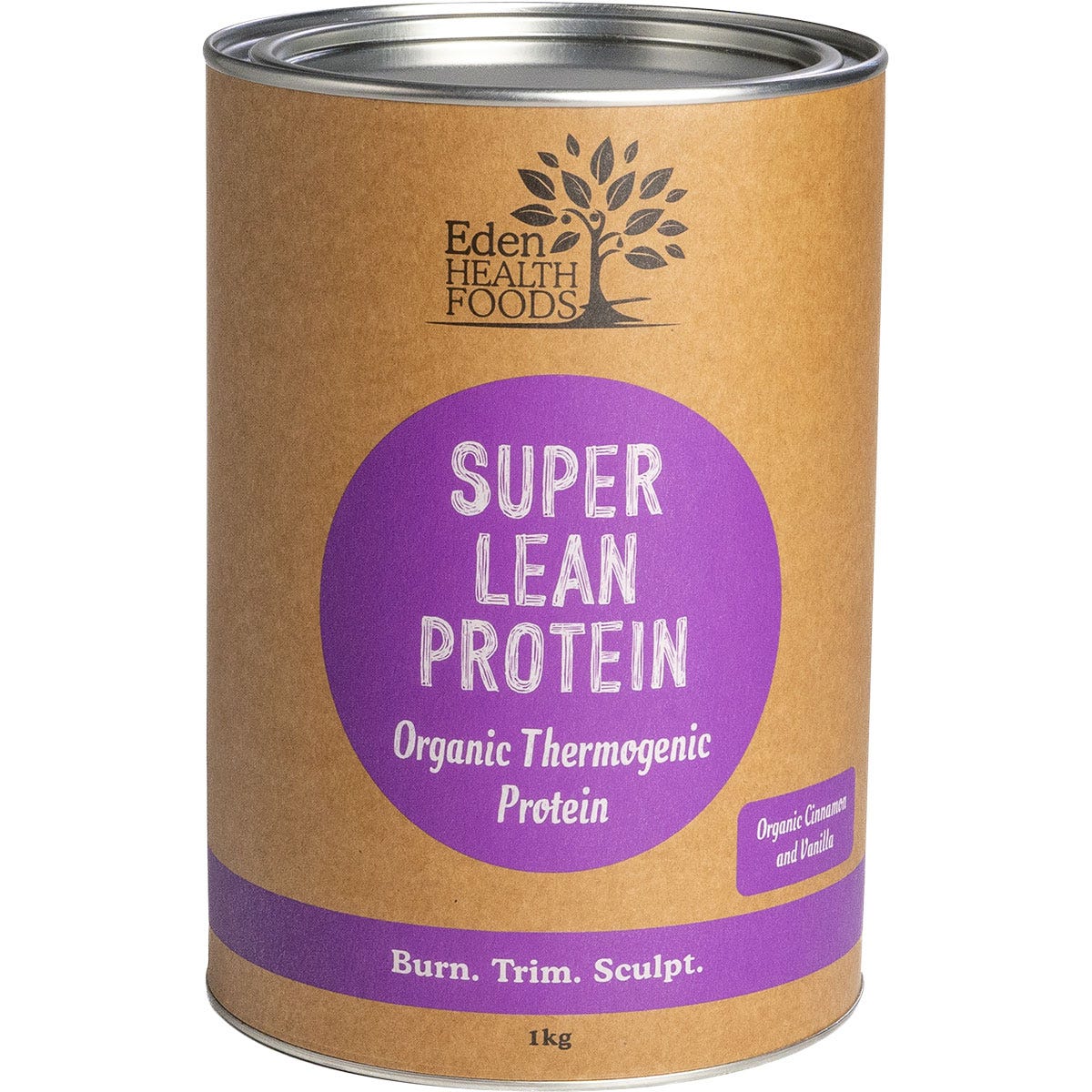 1kg tub of Eden Healthfoods Super Lean Protein in Cinnamon and Vanilla flavor.