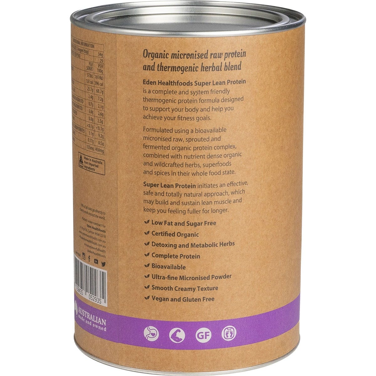Side view of a 1kg tub of Eden Healthfoods Super Lean Protein Cinnamon and Vanilla showing nutritional information.