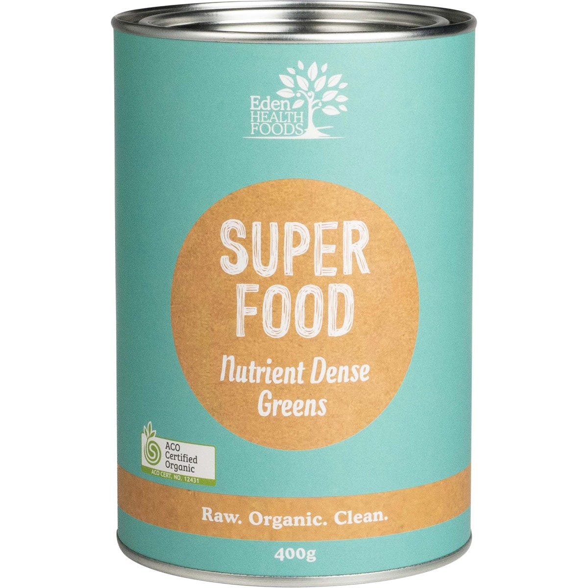 Eden Healthfoods Superfood Organic Greens Powder 400g tub with green labels and botanical illustrations.