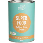 Eden Healthfoods Superfood Organic Greens Powder 400g tub with green labels and botanical illustrations.