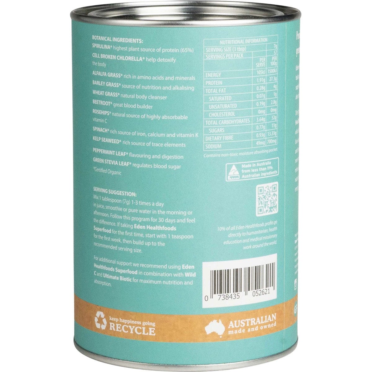 Side view of an Eden Healthfoods Superfood Organic Greens Powder 400g tub showing ingredients and nutritional information.