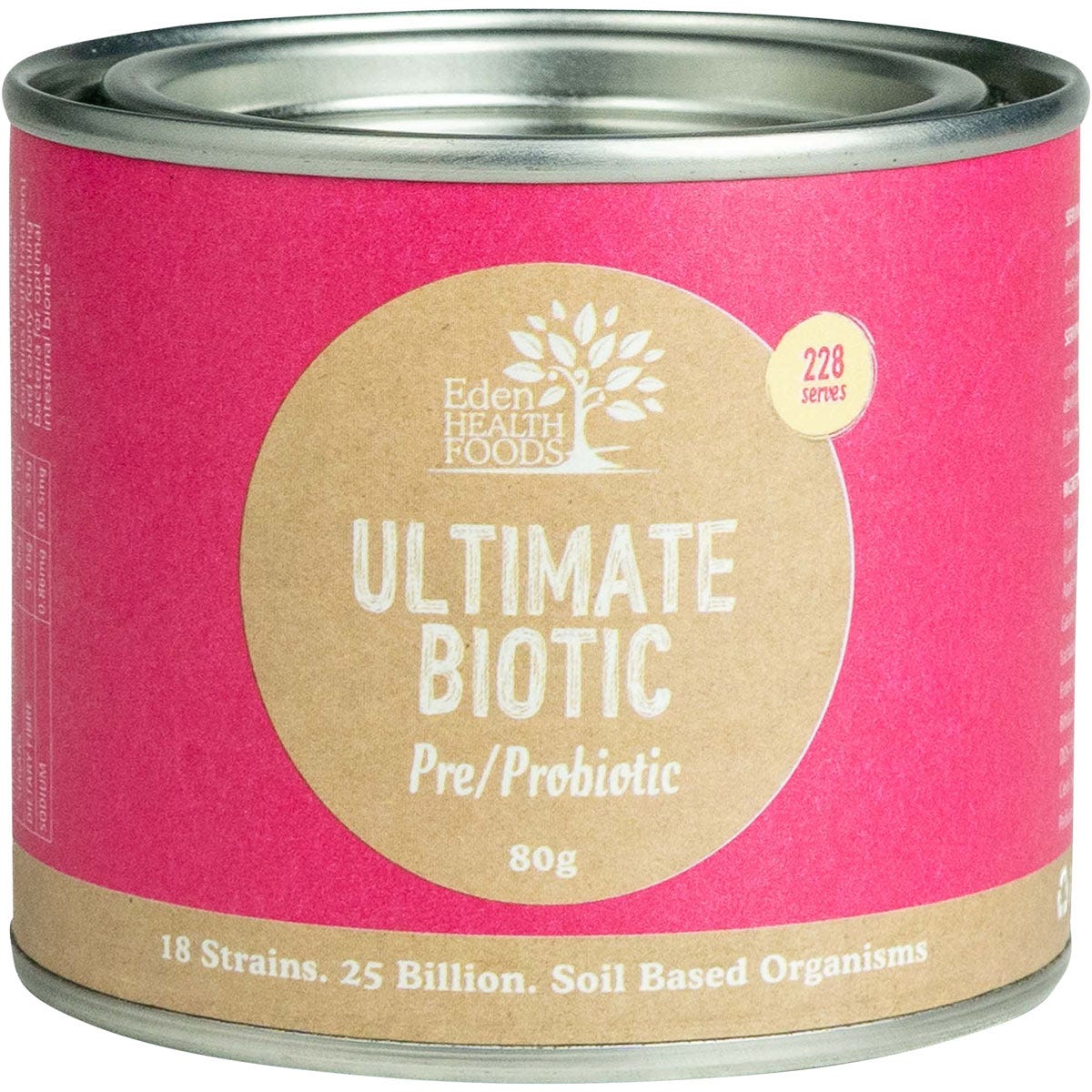 80g tin of Eden Healthfoods Ultimate Biotic Pre/Probiotic powder with 25 billion friendly bacteria for gut health.