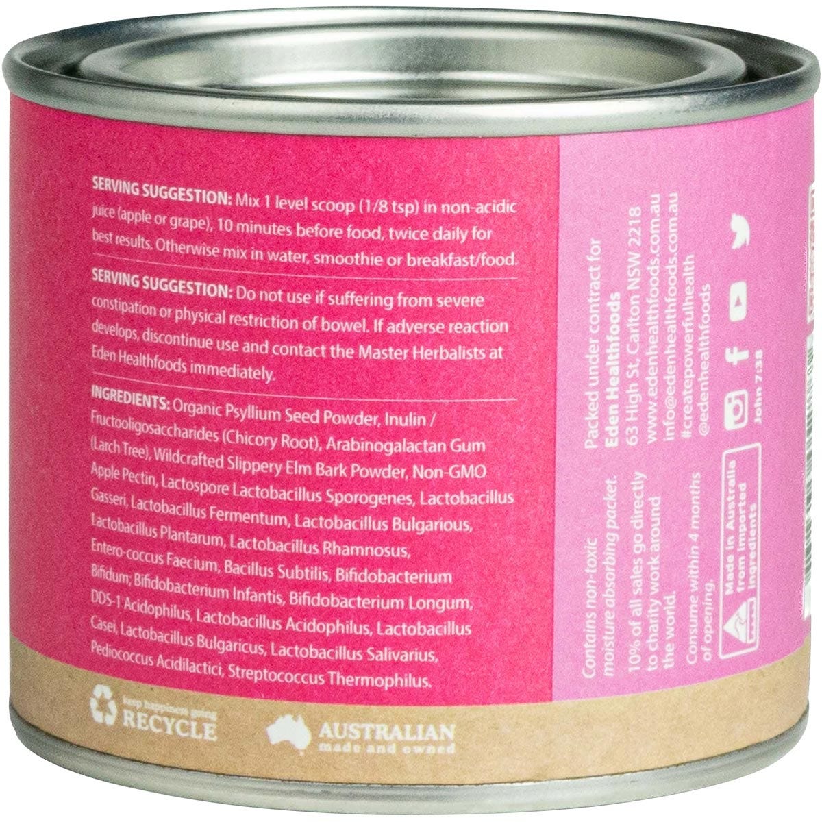 Side view of an Eden Healthfoods Ultimate Biotic 80g tin with nutrition facts and directions on a white background.