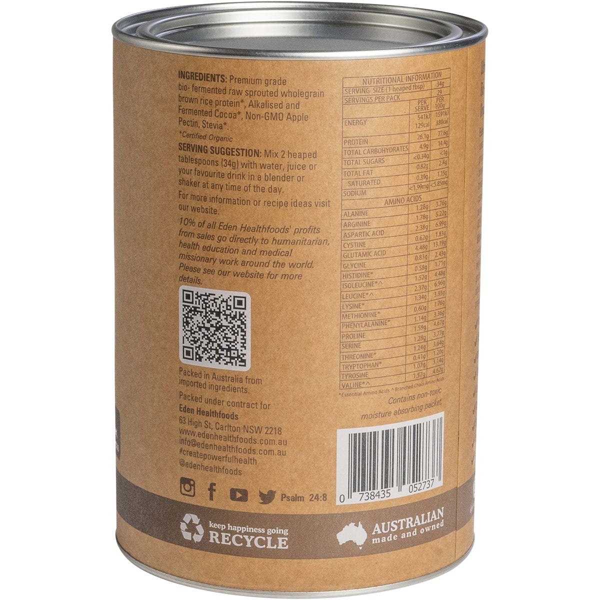 Back of Eden Healthfoods Ultimate Chocolate Protein 1kg tub with nutrition facts and amino acid profile.