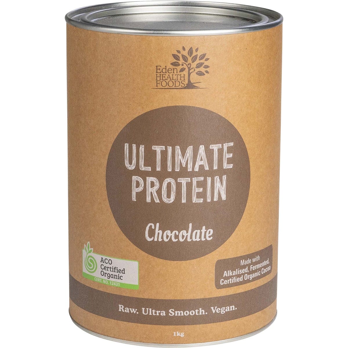1kg tub of Eden Healthfoods Ultimate Protein Sprouted Brown Rice Chocolate on a white background.