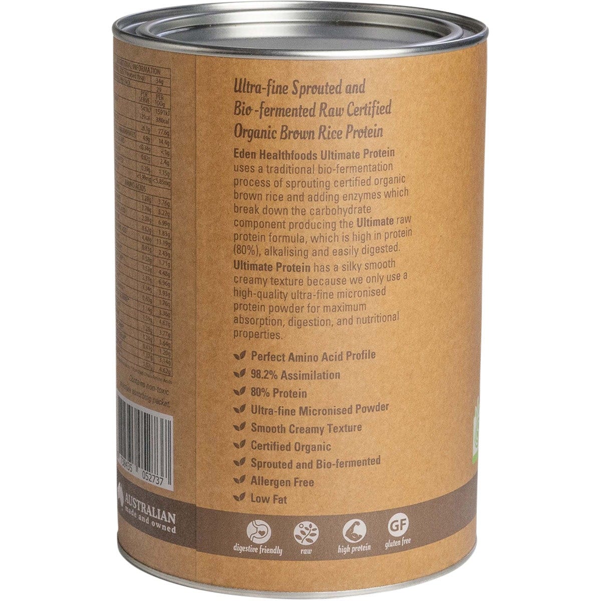 1kg tub of Eden Healthfoods Ultimate Chocolate Protein powder with organic brown rice ingredients on the label.