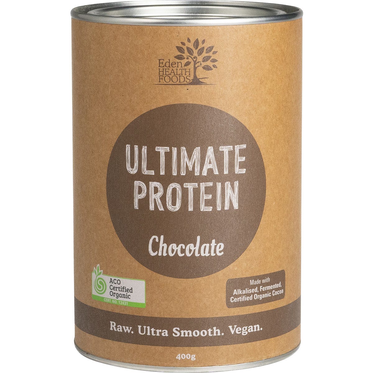400g tub of Eden Healthfoods Ultimate Protein Chocolate sprouted brown rice protein on a white background.