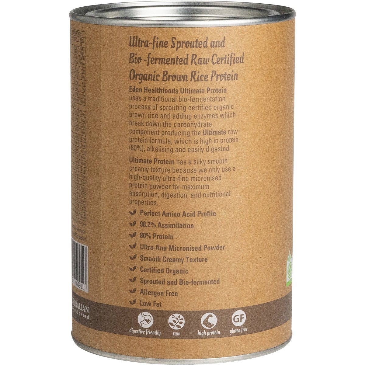 400g tub of Eden Healthfoods Ultimate Protein Chocolate sprouted brown rice protein against a white background.