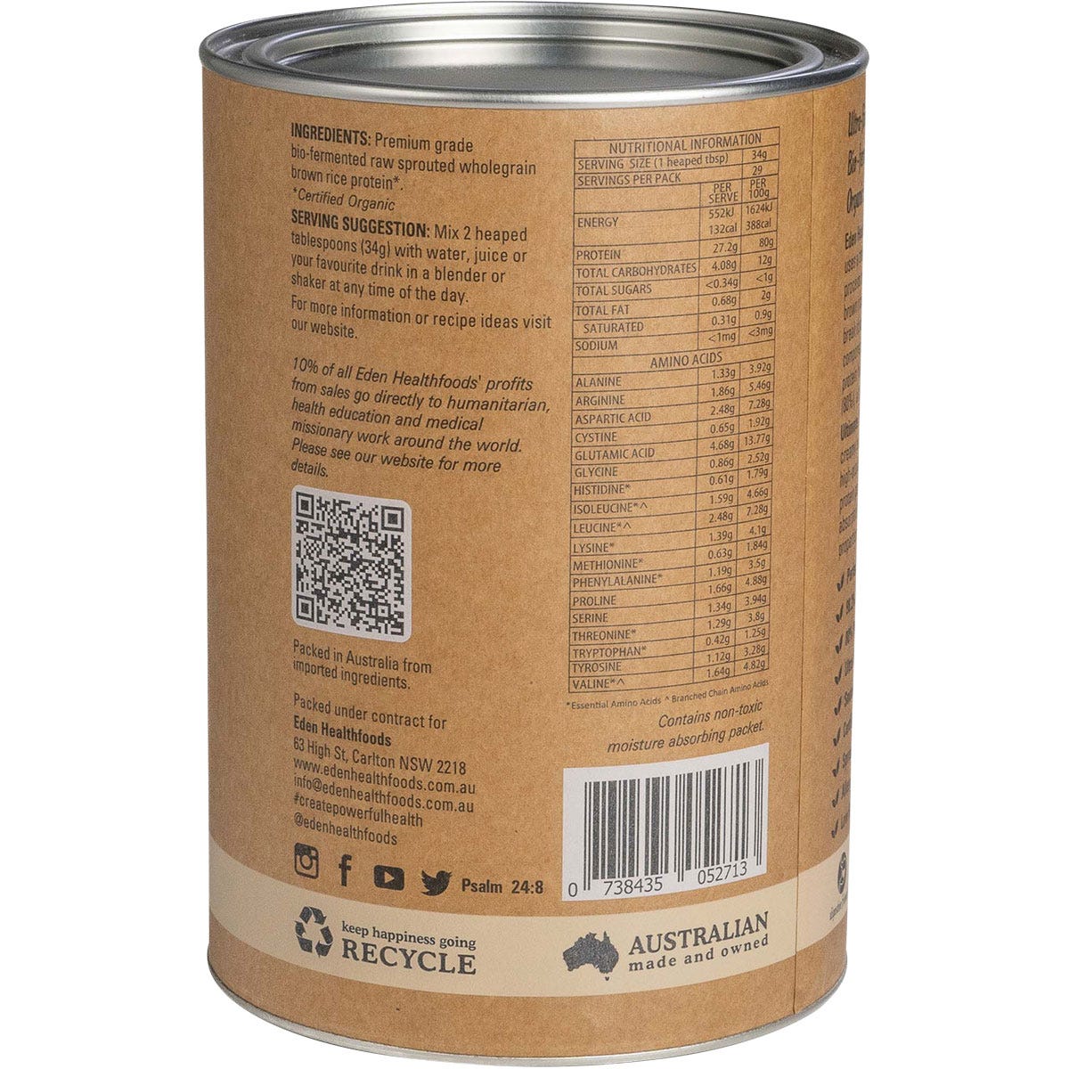 Side view of an Eden Healthfoods Ultimate Protein 1kg tub showing nutritional facts and botanical illustrations.