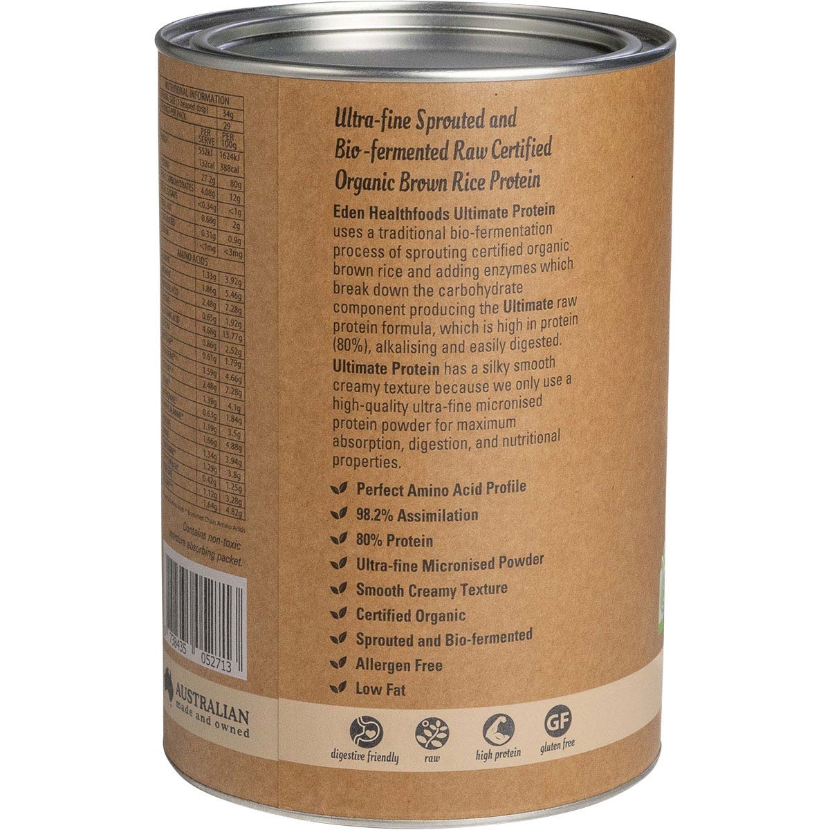 Front of Eden Healthfoods Ultimate Protein 1kg tub with natural sprouted brown rice powder and botanical graphics.