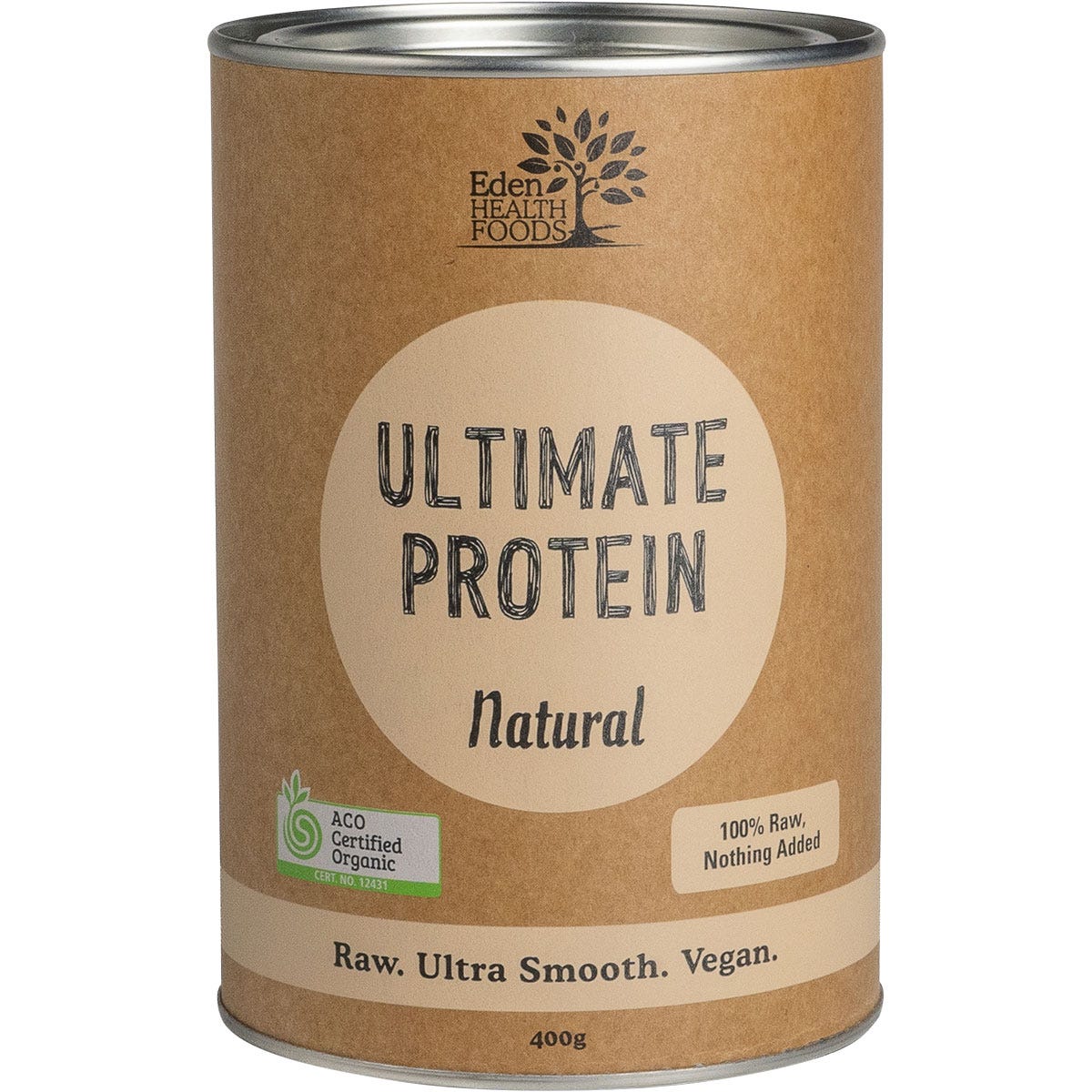 400g tub of Eden Healthfoods Ultimate Protein Sprouted Brown Rice Natural on a white background.