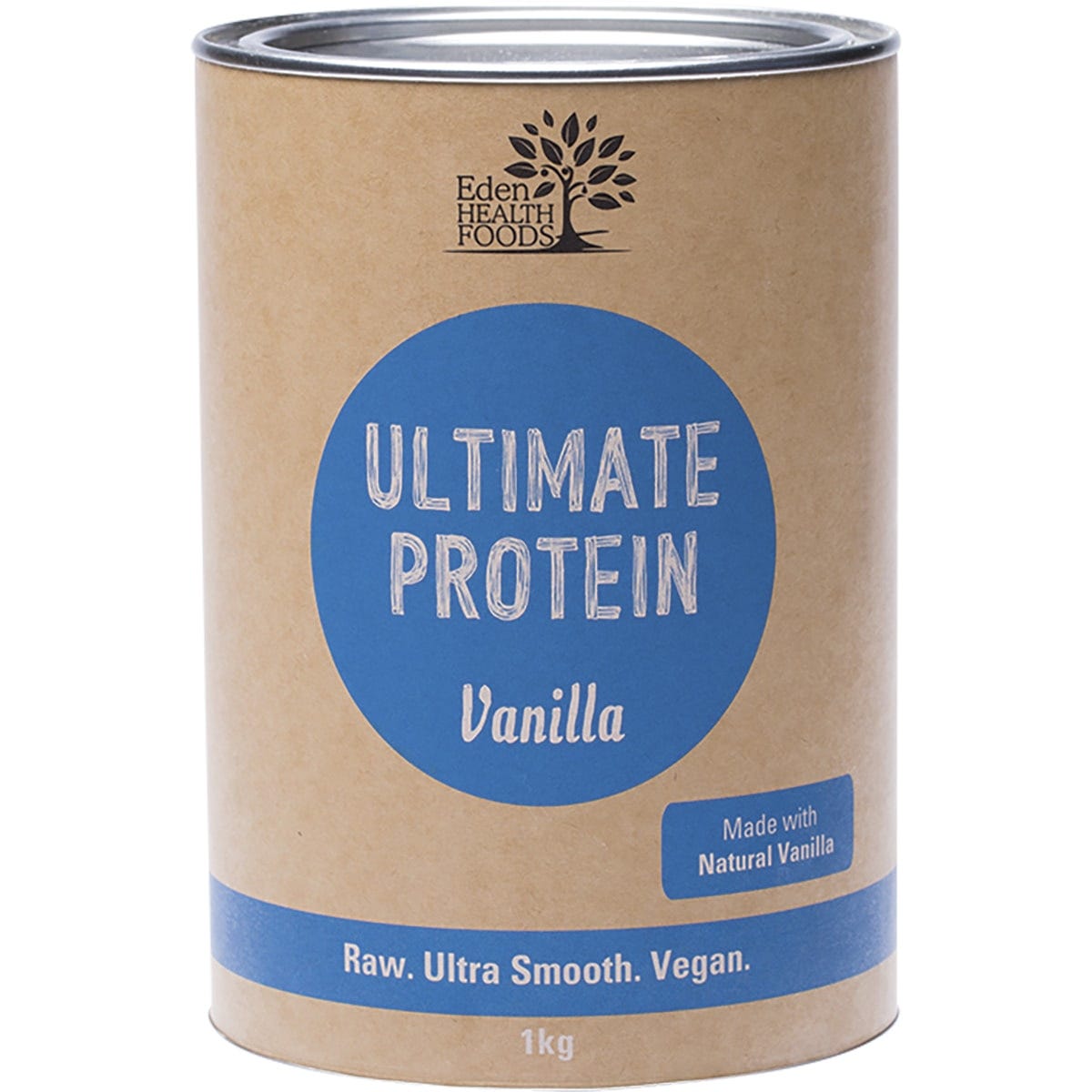 1kg tub of Eden Healthfoods Ultimate Protein Sprouted Brown Rice Vanilla with botanical label on white background.