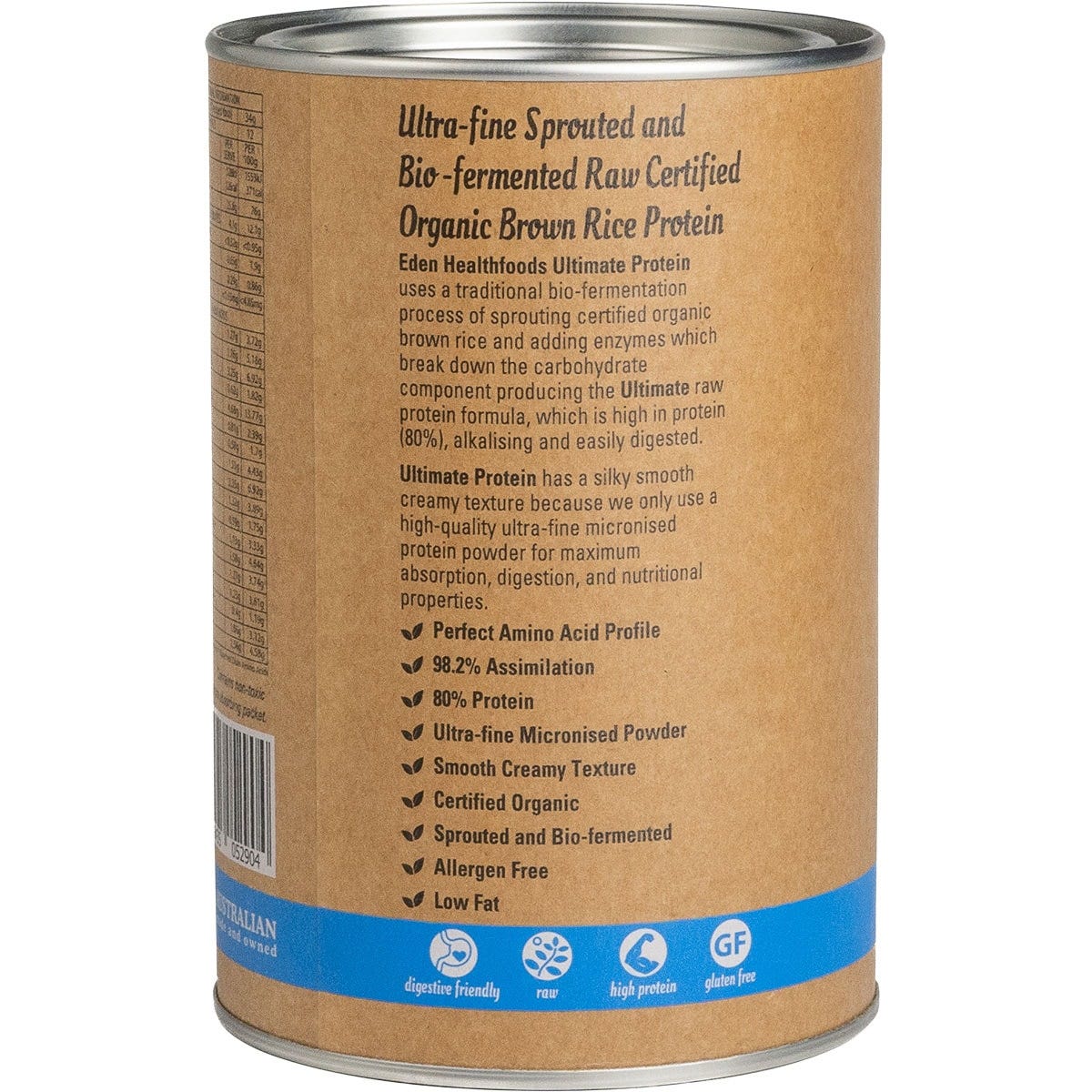 Eden Healthfoods 400g tub of vanilla sprouted brown rice protein on a white background.