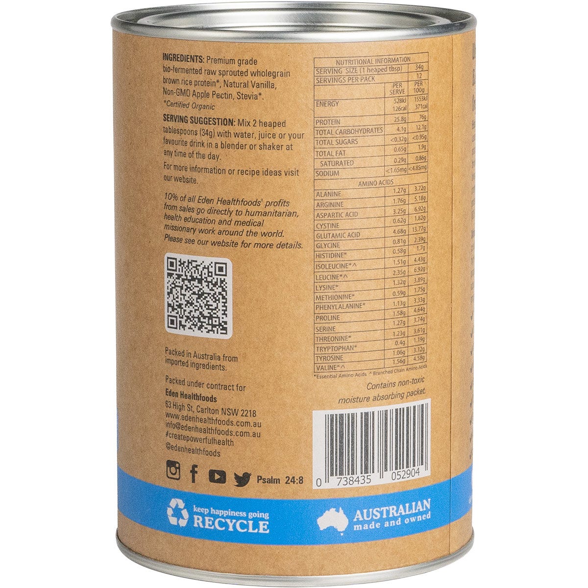 Back of Eden Healthfoods Ultimate Protein Vanilla 400g tub with nutrition facts and ingredients list.
