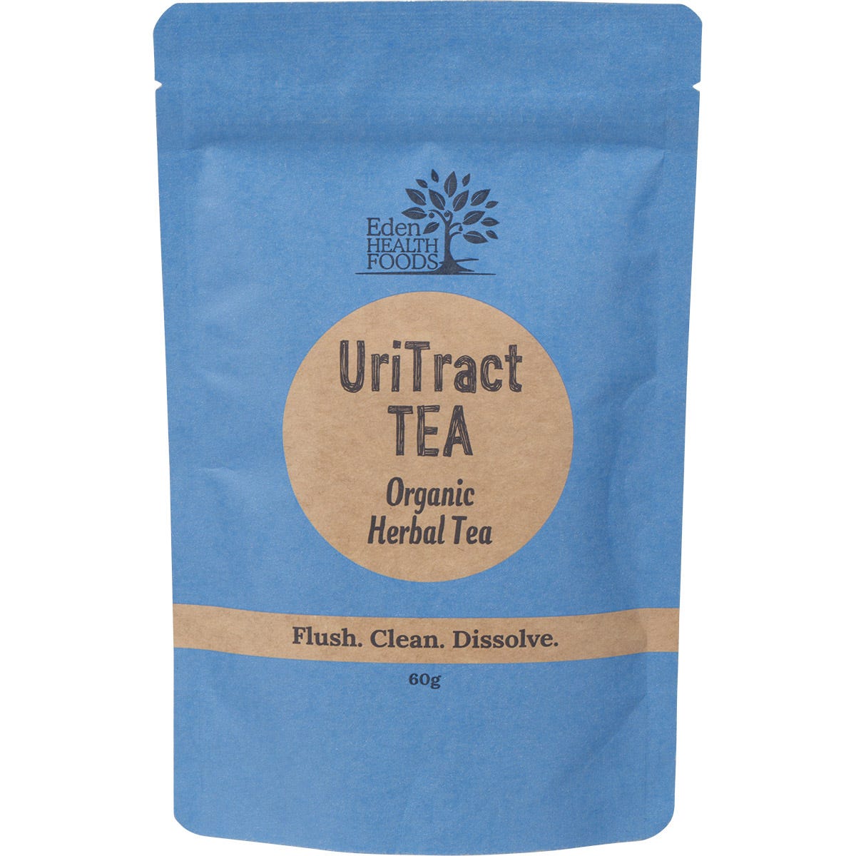 60g bag of Eden Healthfoods UriTract Tea Organic Herbal Tea with loose dried herbs and orange peel.