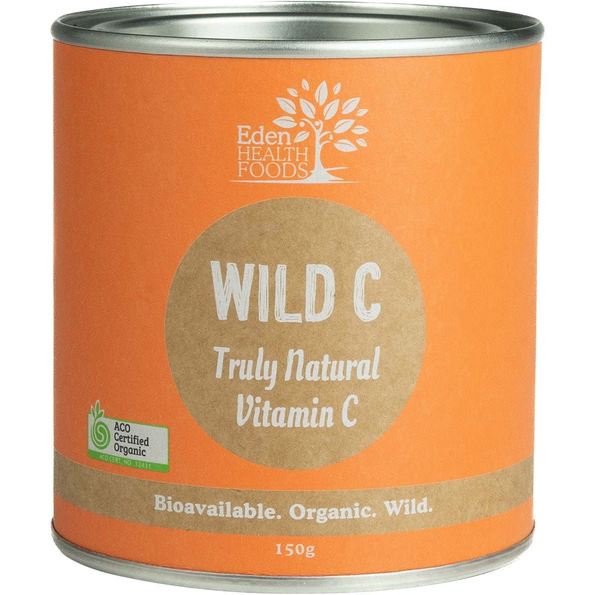 150g tub of Eden Healthfoods Wild C Natural Vitamin C Powder featuring a label with orange and red berries.