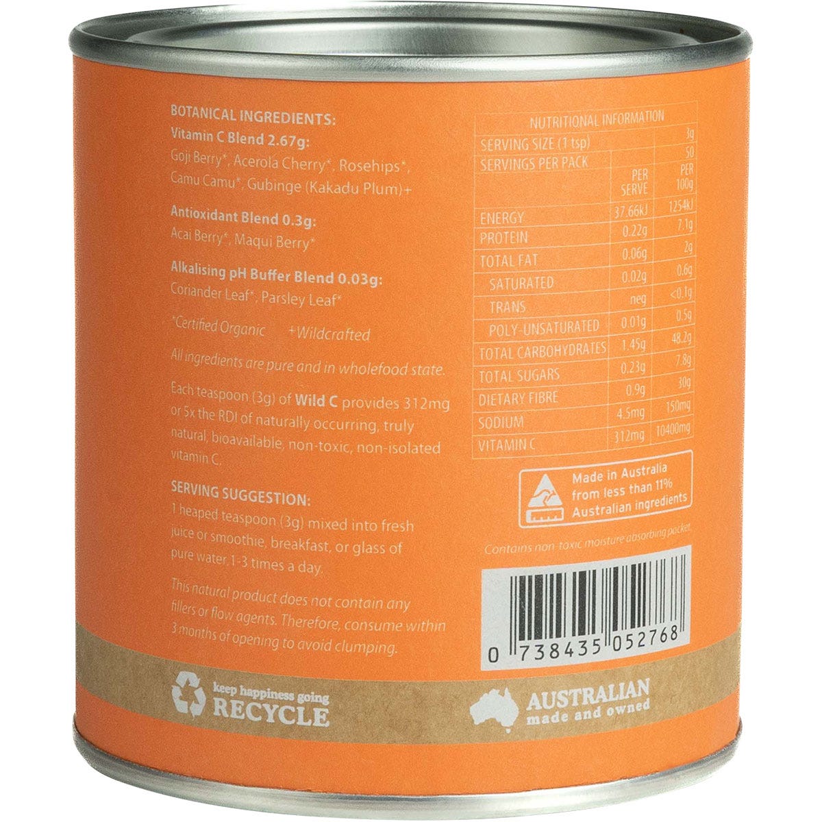 Side view of a 150g tub of Eden Healthfoods Wild C Natural Vitamin C Powder showing product benefits and a vegan logo.