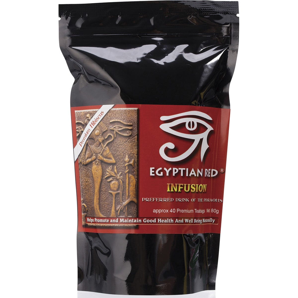 40 pack of Egyptian Red Herbal Tea Bags Tea of the Pharaohs in a red and gold box on a white background.