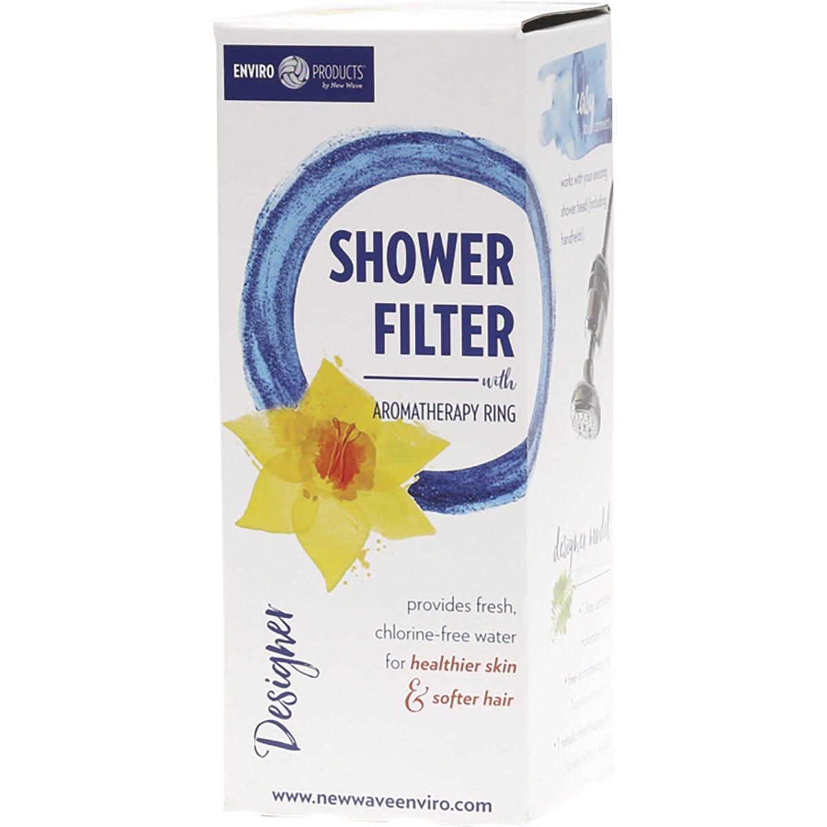 Chrome designer shower filter with a sleek metallic finish and aromatherapy ring on a white background.