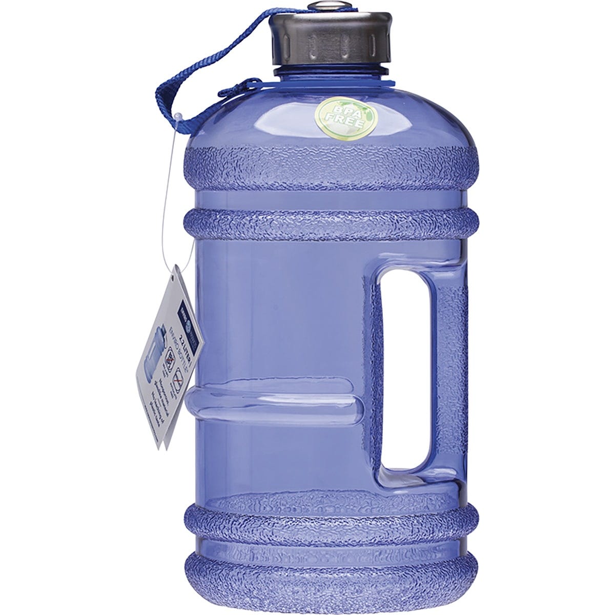 Blue 2.2L Enviro Products BPA-free Eastar water bottle with a built-in handle and a stainless steel screw-on cap.