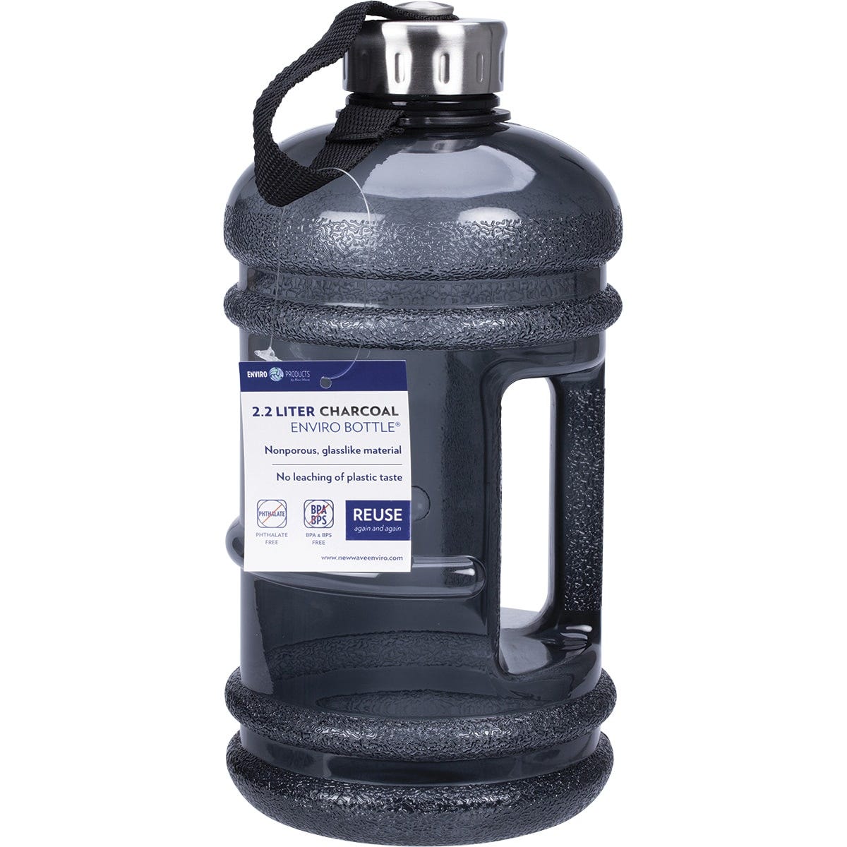 2.2L charcoal BPA-free water bottle featuring an integrated handle and a stainless steel screw cap with a nylon strap.