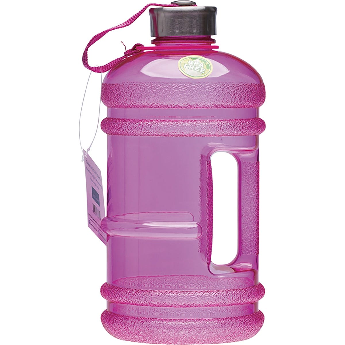 Pink 2.2L BPA-free plastic water bottle by Enviro Products with a stainless steel cap and integrated handle.