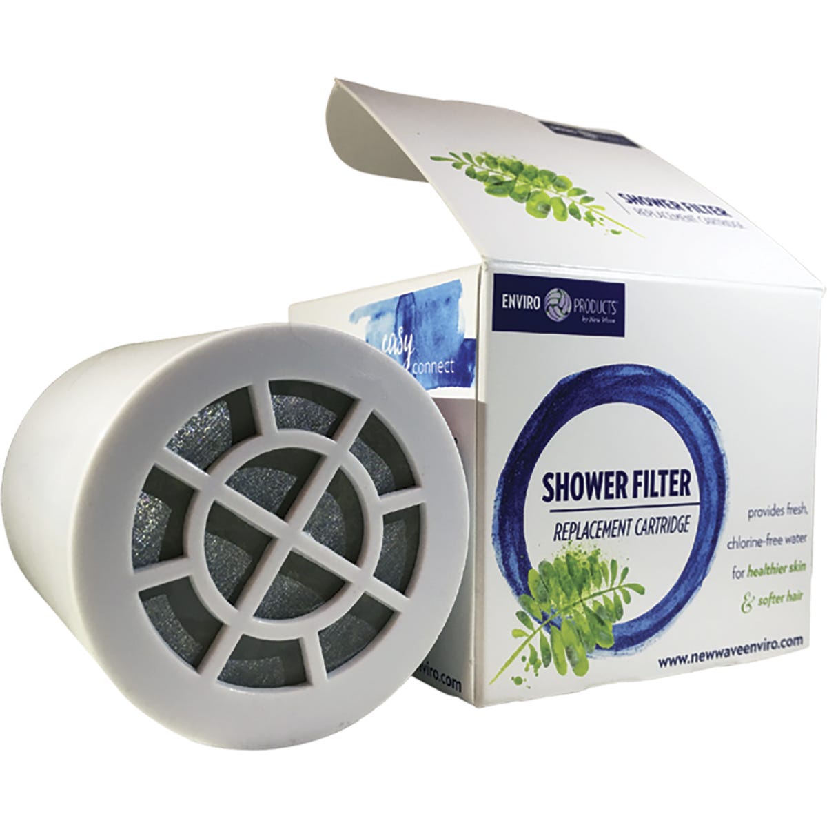 White Enviro Products replacement shower filter cartridge with gold KDF-55 and crystal quartz components shown.
