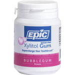 50-piece bottle of Epic Xylitol Bubblegum chewing gum featuring a blue and white label with pink bubble accents.