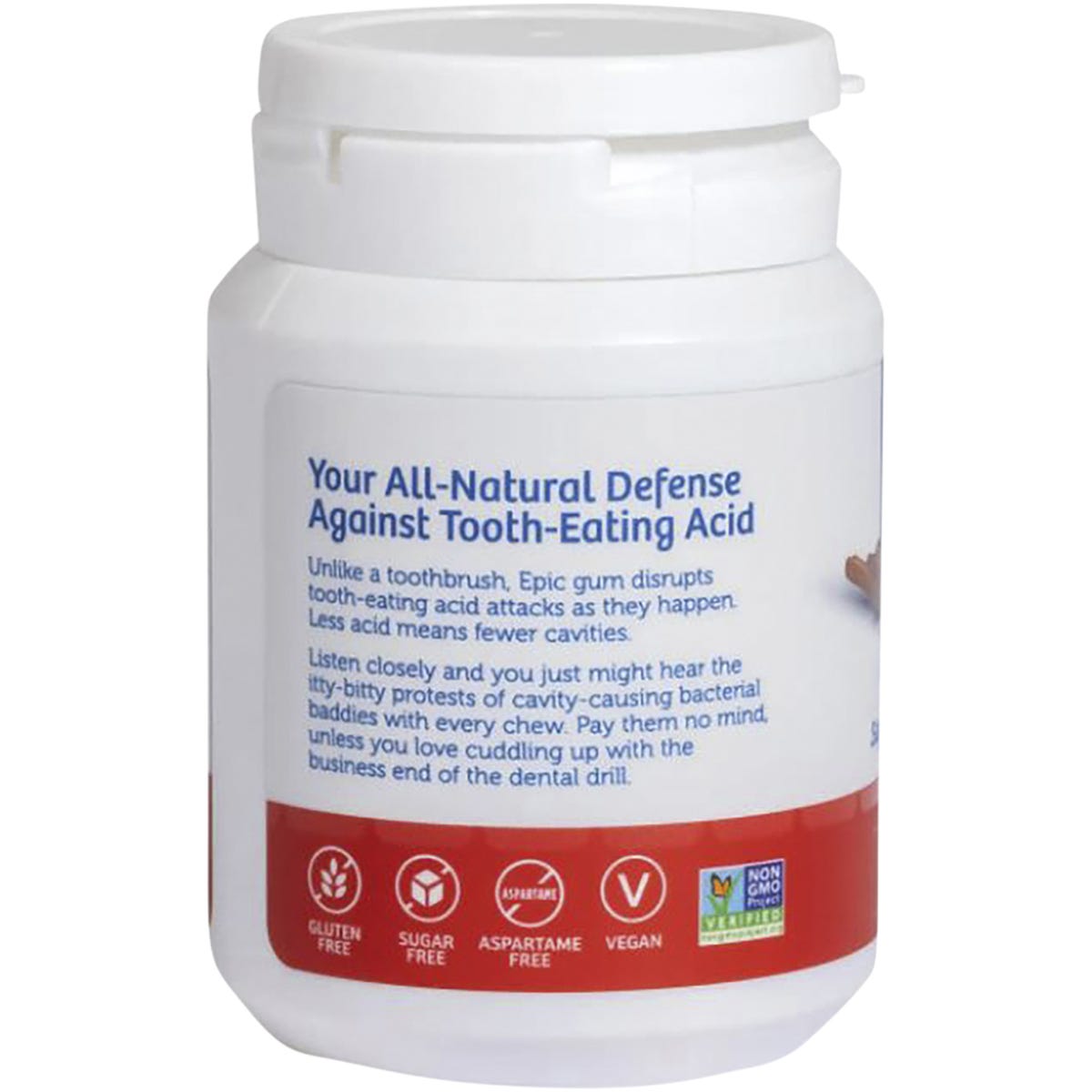 50-count bottle of Epic Xylitol Cinnamon gum with a red and white label, shown from a side angle.