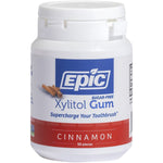 50-piece bottle of Epic Xylitol Cinnamon chewing gum with a red and white label on a clean white background.