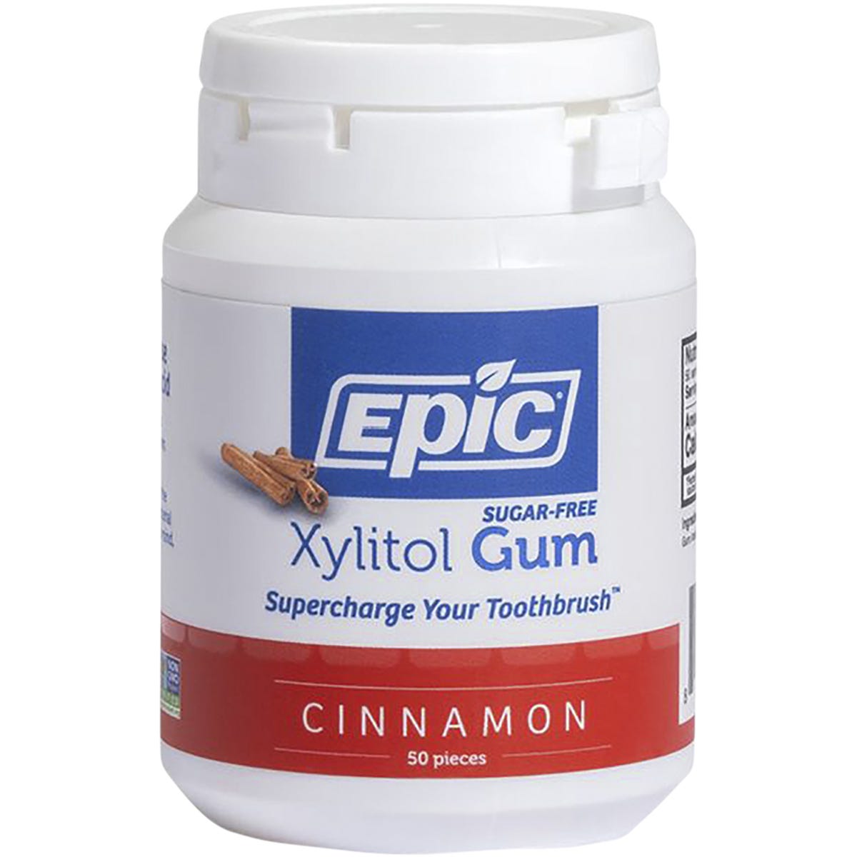 50-piece bottle of Epic Xylitol Cinnamon chewing gum with a red and white label on a clean white background.