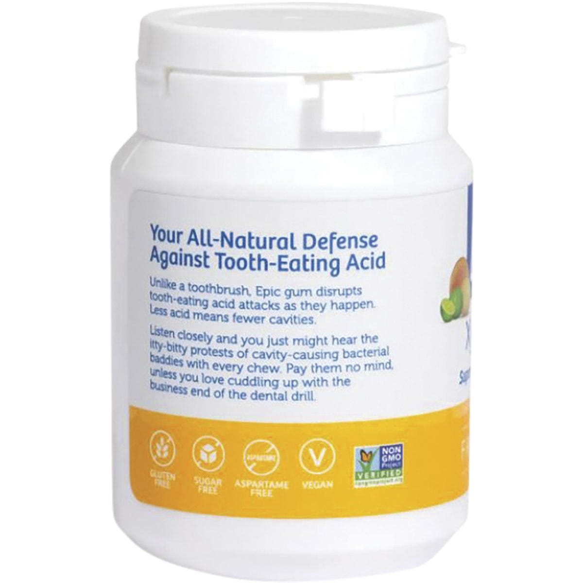 50ct bottle of Epic Fresh Fruit xylitol gum with its yellow and white label on a white background.