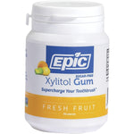 50ct bottle of Epic Xylitol Fresh Fruit chewing gum with a white and yellow label on a white background.