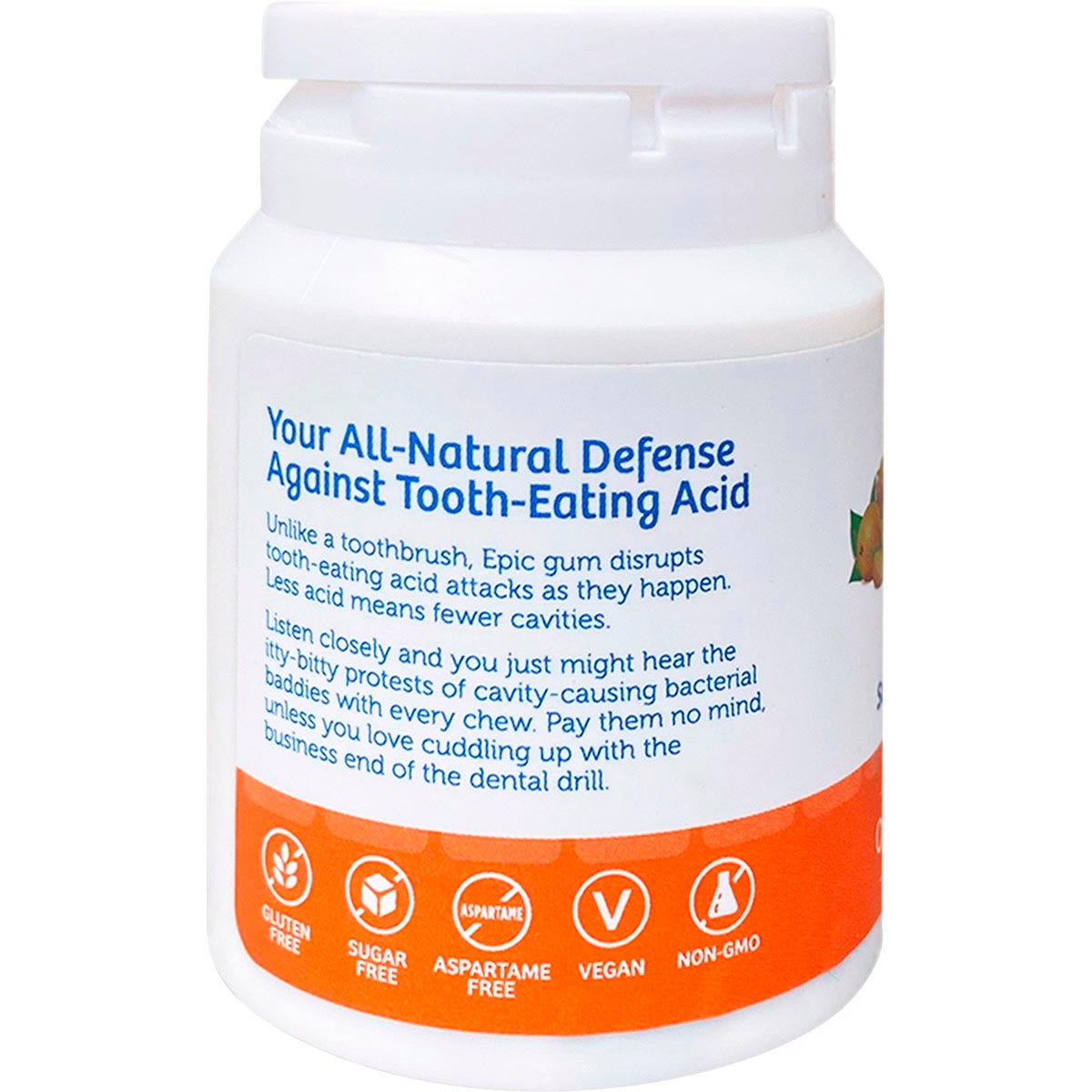Bottle of Epic Xylitol Orange-Mango chewing gum featuring a tropical fruit-themed label and white lid.