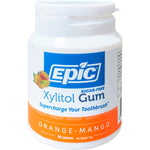 50-piece bottle of Epic Xylitol Orange-Mango chewing gum with a tropical fruit-themed label and white lid.