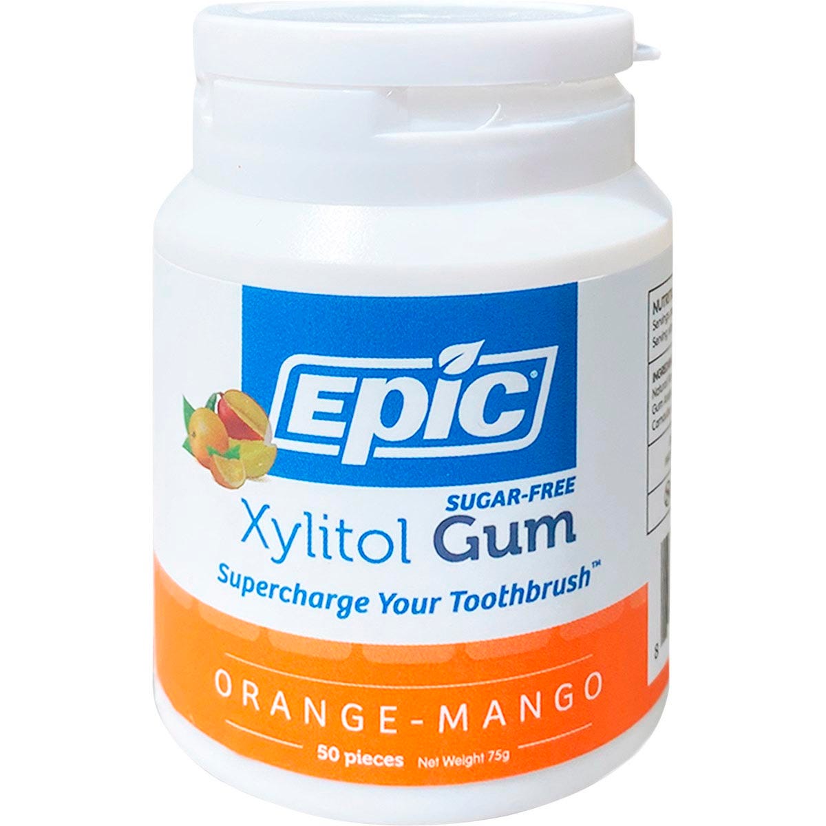 50-piece bottle of Epic Xylitol Orange-Mango chewing gum with a tropical fruit-themed label and white lid.