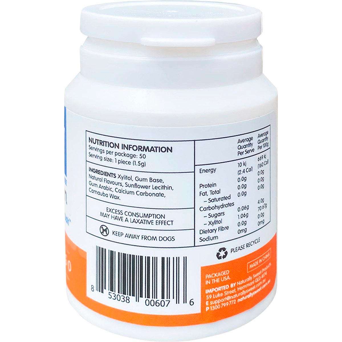 Side view of Epic Xylitol Orange-Mango gum bottle showing product benefits and a "100% Xylitol" logo.