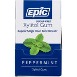 12-pack of Epic Peppermint Xylitol Chewing Gum featuring a blue and white label with mint leaf illustrations.