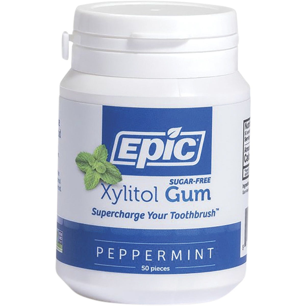 50-piece bottle of Epic Peppermint Xylitol Chewing Gum, sugar-free and non-GMO, on a white background.