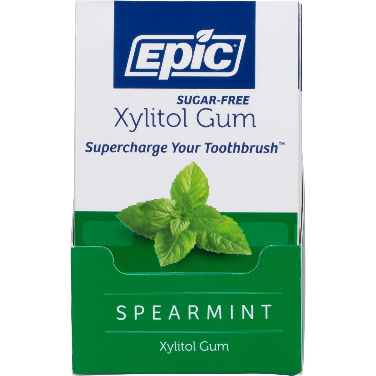 Twelve-pack box of Epic spearmint xylitol chewing gum with individual 12-piece green and white packs.